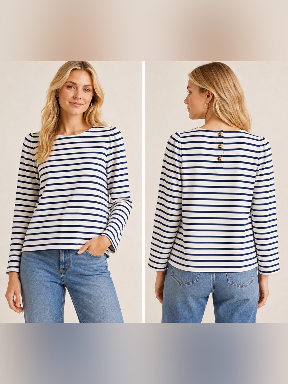 NWT J. Crew Factory Puff-Sleeve Button-Back Top with Navy & White Stripes, M